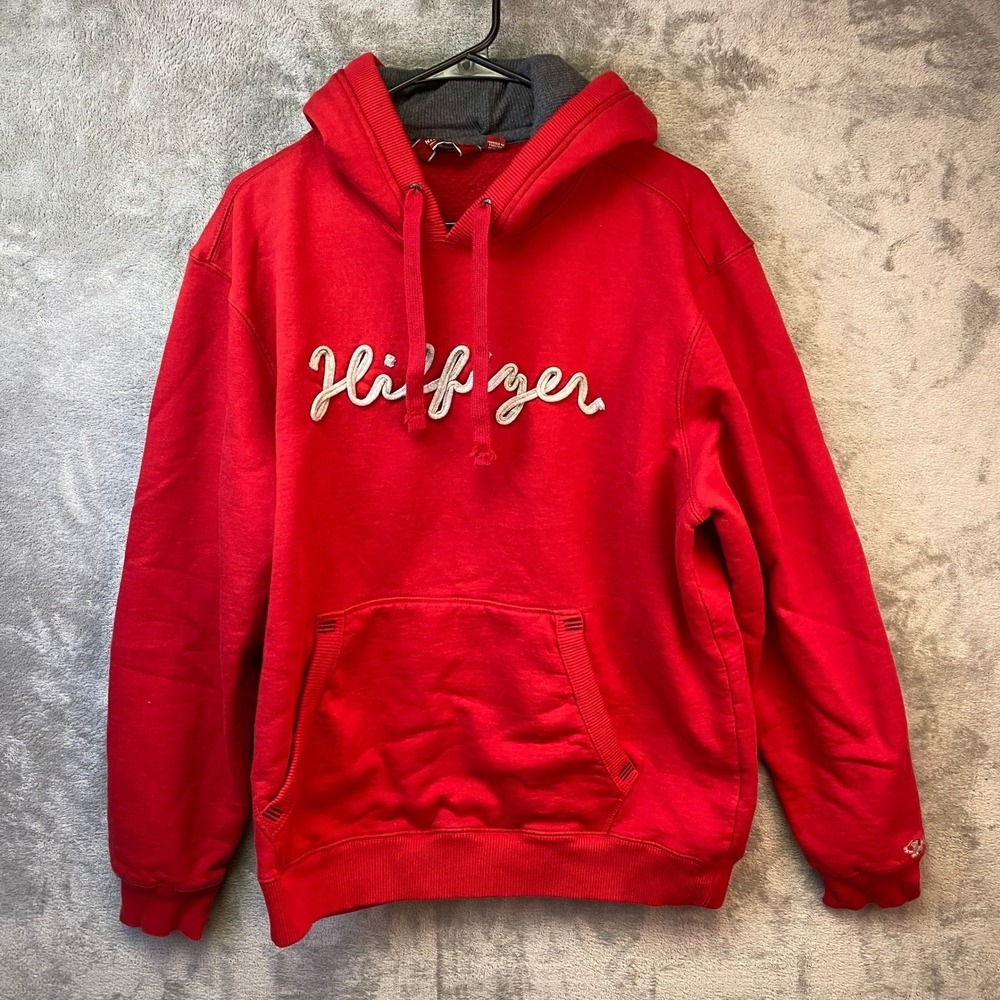 Tommy Hilfiger Denim‎ Womens Red Script Logo Pullover Hoodie Sweatshirt Large